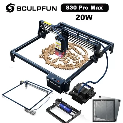 Sculpfun s30 pro max 20w rolo de gravador a laser com sistema automático de assistência a ar máquina de gravura lente substituível proteção para os olhos