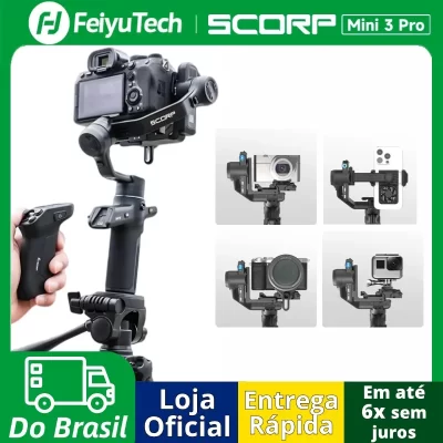 FeiyuTech SCORP Mini 3 Pro Gimbal - 3 em 1 com Alça Remota Removível e Rastreamento AI 4.0 para Câmeras Mirrorless, Câmeras de Ação e celular, Suporta até 2 kg, Bateria de 14 h