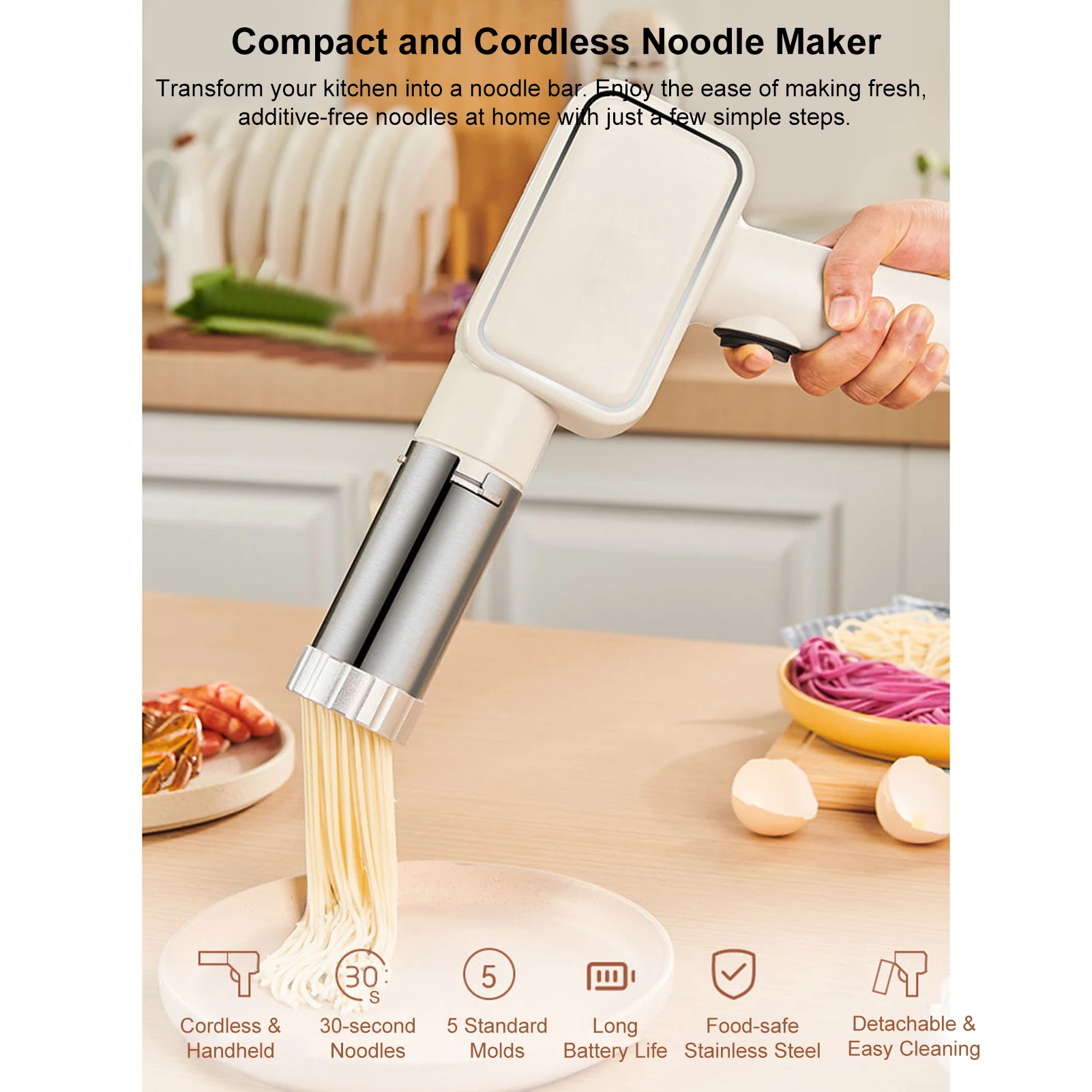 Cordless Handheld Noodle Maker Portable Electric Pasta Machine with 9 Noodle Molds 2 Sausage Making Tool - Image 3