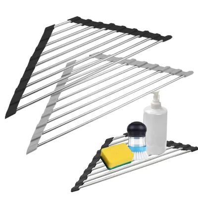Dobrável Stainless Steel Dish Secagem Rack, Roll-up Prateleira, Titular Esponja, Cozinha Escorredor Organizador, Sink Corner, Caddy