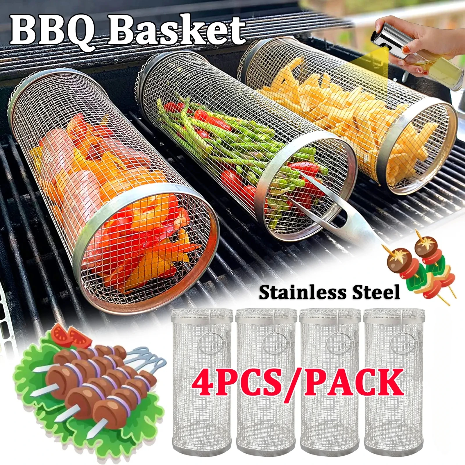 1-4 pçs rolamento grelhar cesta de aço inoxidável churrasqueira cesta malha portátil acampamento ao ar livre rack de churrasco acessórios de cozinha - Image 2