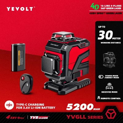 YEVOLT YVGLL4XS16 4D 360 ° Nível de laser de site de 16 linhas, multi-aviões, autonivelante, alinhamento de paver externo, cobertura ultraprecisa de 30m