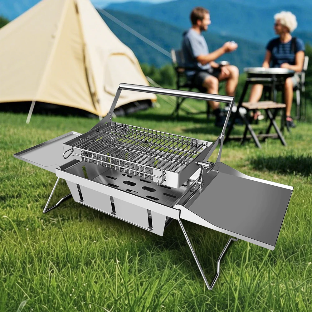 Portátil 360 ° Grelha rotativa a carvão com cesta de lançamento-grelha fumante de aço inoxidável 304 para acampamento saco de churrasco grátis nova atualização