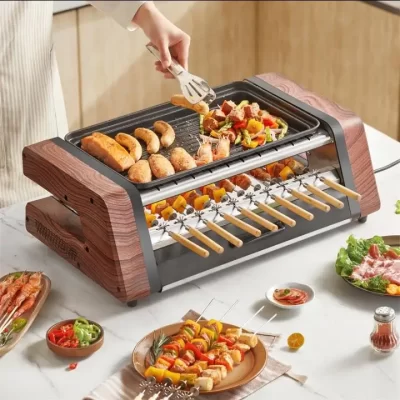 Churrasqueira antiaderente sem fumaça para churrasco, grelha elétrica multifuncional, camada dupla, totalmente automática, rotativa