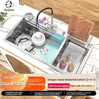 Pia de cozinha doméstica de aço inoxidável prateado 304, cascata multifuncional, grande slot duplo, lavagem de vegetais e prato