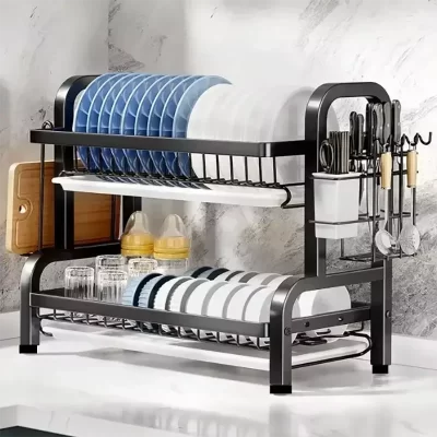2025 novo escorredor de pratos de aço inoxidável de 2 camadas organizador de cozinha compacto com suporte de utensílio armazenamento de bancada à prova de ferrugem