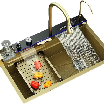 Pia de cozinha dourada de aço inoxidável, pia digital para lavar vegetais, luz atmosférica, pia única grande de cozinha 75cm x 46cm
