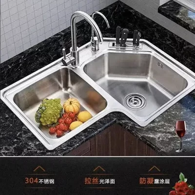 Moderno aço inoxidável canto pias de cozinha casa dupla slot lavatório varanda em forma escovado pia da cozinha acessórios