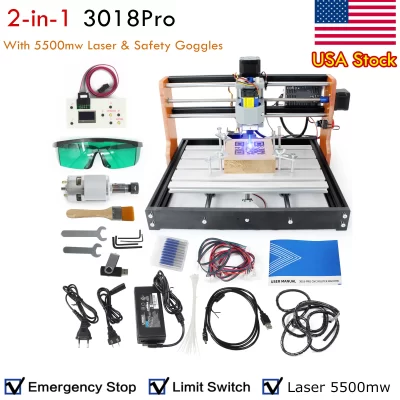 【Estoque nos EUA】 Kit de máquina roteadora CNC 3018 Pro com atualização de 3 eixos, com interruptores de limite e parada de emergência, 3018-PRO DIY Mini controle GRBL