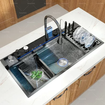 Pia de cozinha cascata de aço inoxidável, display digital, pia de lavar louça com rack de drenagem, em relevo, extra grande, slot único