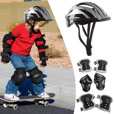 Conjunto de equipamentos de proteção para passeio de segurança, 7 peças, ajustável, crianças, skate, scooter, capacete, respirável, 48-55cm, para meninos, meninas, 5-12 anos