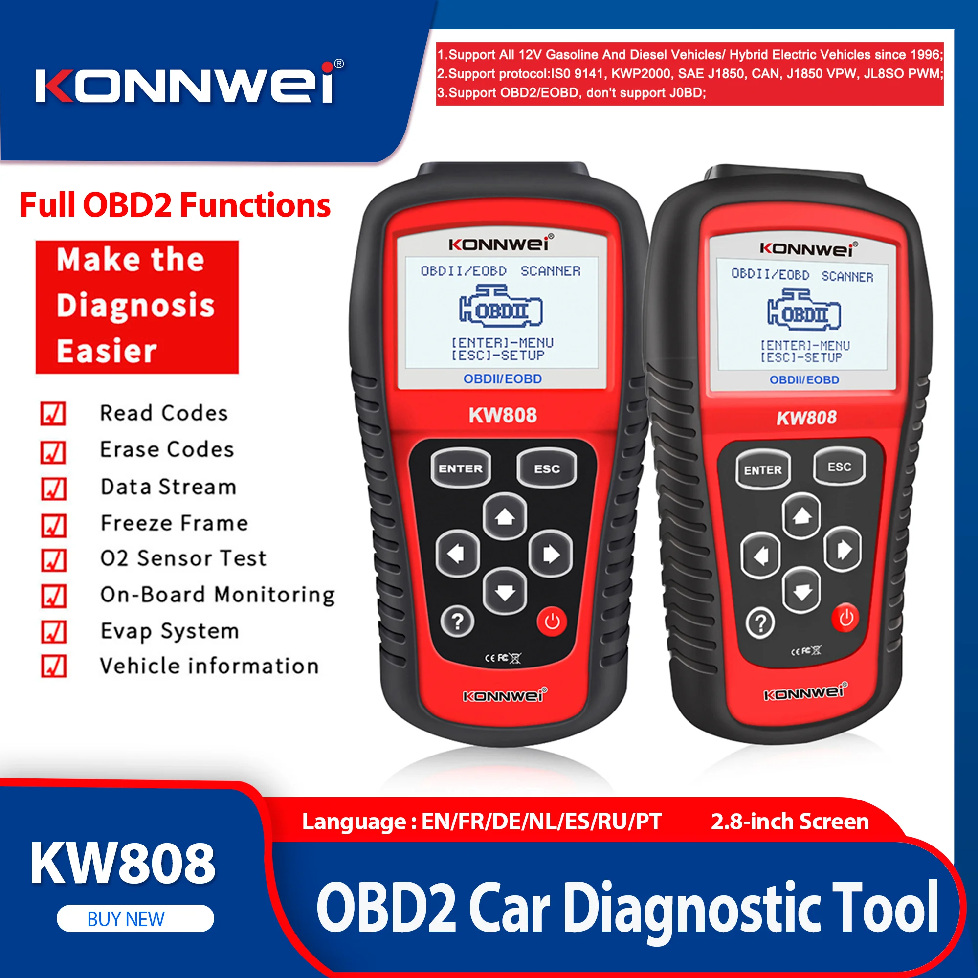 2026 novo konnwei kw808 carro obd2 scanner de diagnóstico leitura automática leitor código falha clara verificar luz do motor ferramenta diagnóstico para carros