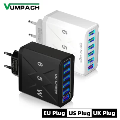 Adaptador de Celular de Carregamento Rápido USB, 6 Portas, QC3.0, Carregador de Viagem para iPhone 14, Samsung, Xiaomi, UE, KR, EUA, UK Plug, 65W