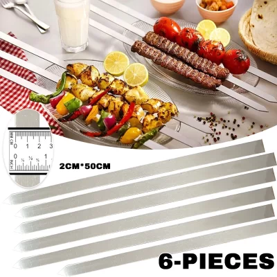 6 pçs espetos kabob 50cm de largura sem alça de madeira plana de aço inoxidável churrasco kebob espeto linha para brasileiro koobideh persa