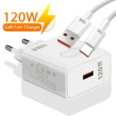 GaN Carregador USB Carregamento Rápido 120W Carga Rápida QC3.0 Tipo C Cabo Adaptador de Parede para Celular para Huawei Redmi Xiaomi 15 Oneplus