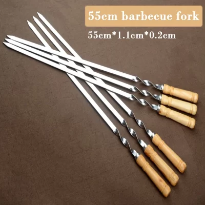 Garfo para churrasco de madeira, 55cm, espetos para churrasco, cabo longo, kebab, grelha, varas reutilizáveis, aço inoxidável, acampamento ao ar livre, agulha de grelha