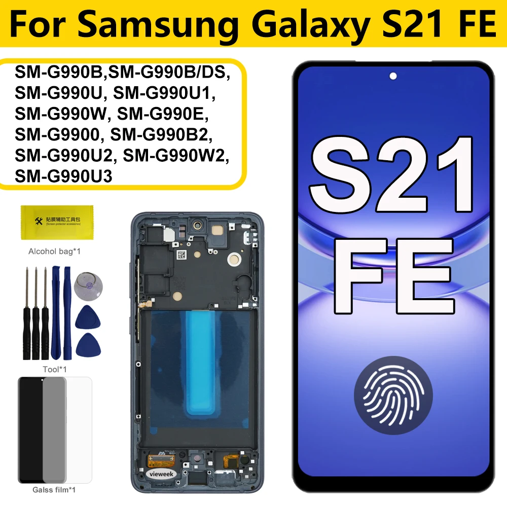 AMOLED Screen for Samsung Galaxy S21 FE 5G G990B Lcd Display Digital Touch Screen with Frame for Samsung S21 FE Replacement