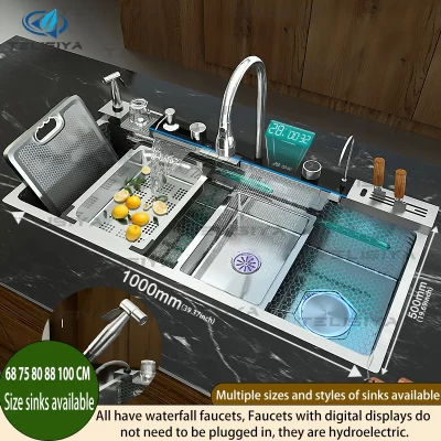 Pia de cozinha de aço inoxidável multifuncional display digital cachoeira grande slot único com rack para faca lavatório prato