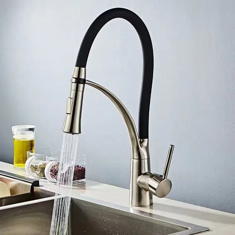 Torneira de cozinha de borracha de níquel escovado, torneira misturadora com rotação, pulverizador de fluxo, água quente e fria, com uma alça - Image 2