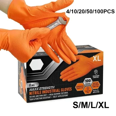 Luvas de nitrilo descartáveis laranja industriais resistentes de 8 mil com textura de diamante resistente a rasgos para segurança mecânica e luva de trabalho
