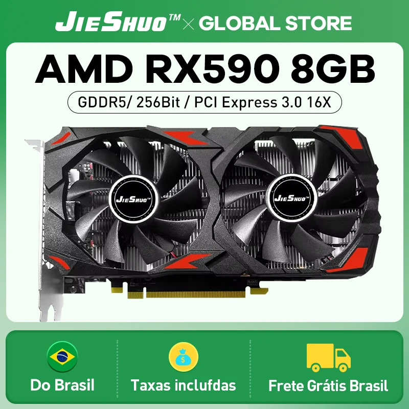 JIESHUO Original Radeon RX590 8G Graphics Card GDDR5 Memory Video Gaming Card PCIE3.0x16 DVI DP for Desktop Computer AMD RX580