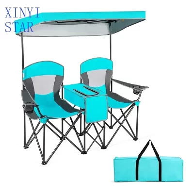 Foldable beach chair for 2 people, durable, with canopy, camping cup, outdoor lawn, patio or beach