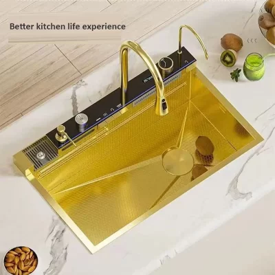 Ouro multifuncional cozinha cachoeira pia de alta qualidade aço inoxidável display digital grande única prato bacia cooper torneira