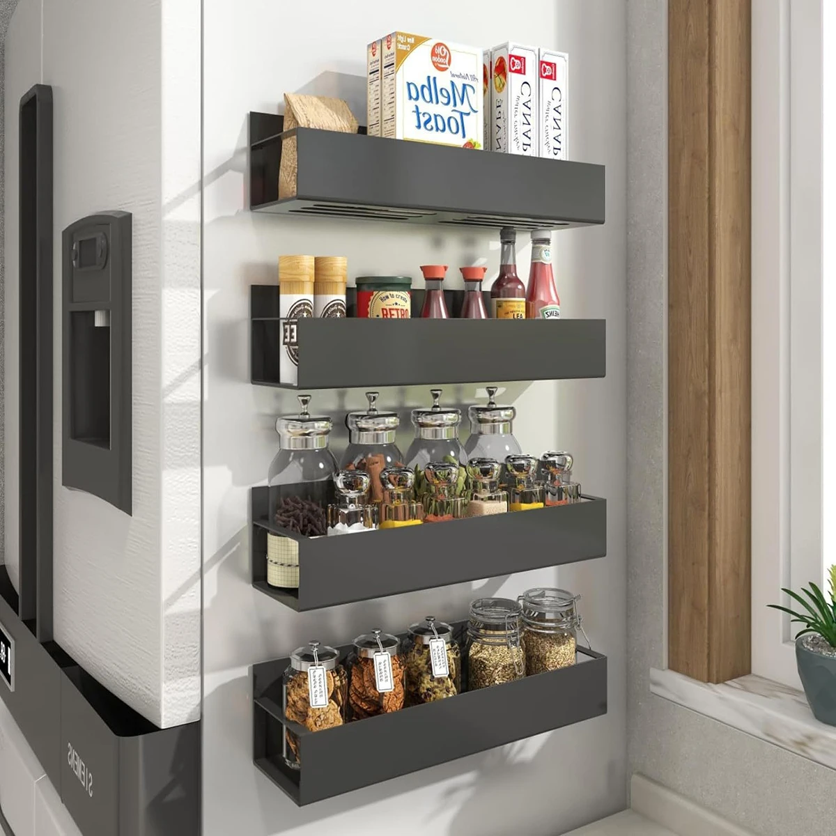 Rack de armazenamento Adequado para Geladeiras e Forno, Magnetic Spice Rack, Matte Black, Frigorífico Storage Box - Image 2