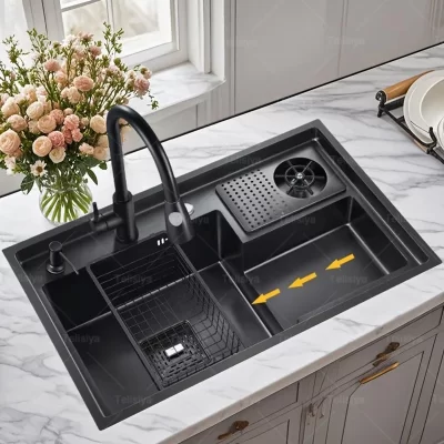 Pia de cozinha de aço inoxidável escalonada com lavadora de copos multifuncional grande slot único lavatório pias de máquina de lavar louça
