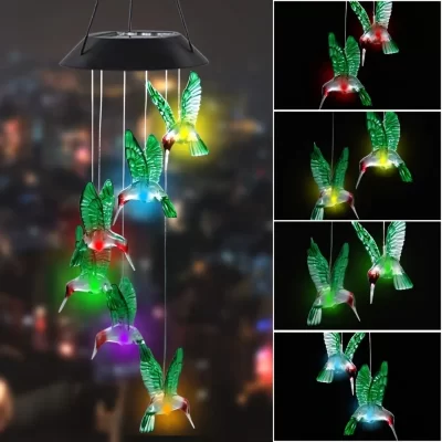 Solar Powered Hummingbird Wind Chimes, mudança de cor LED Light, decoração do jardim ao ar livre, 1pc