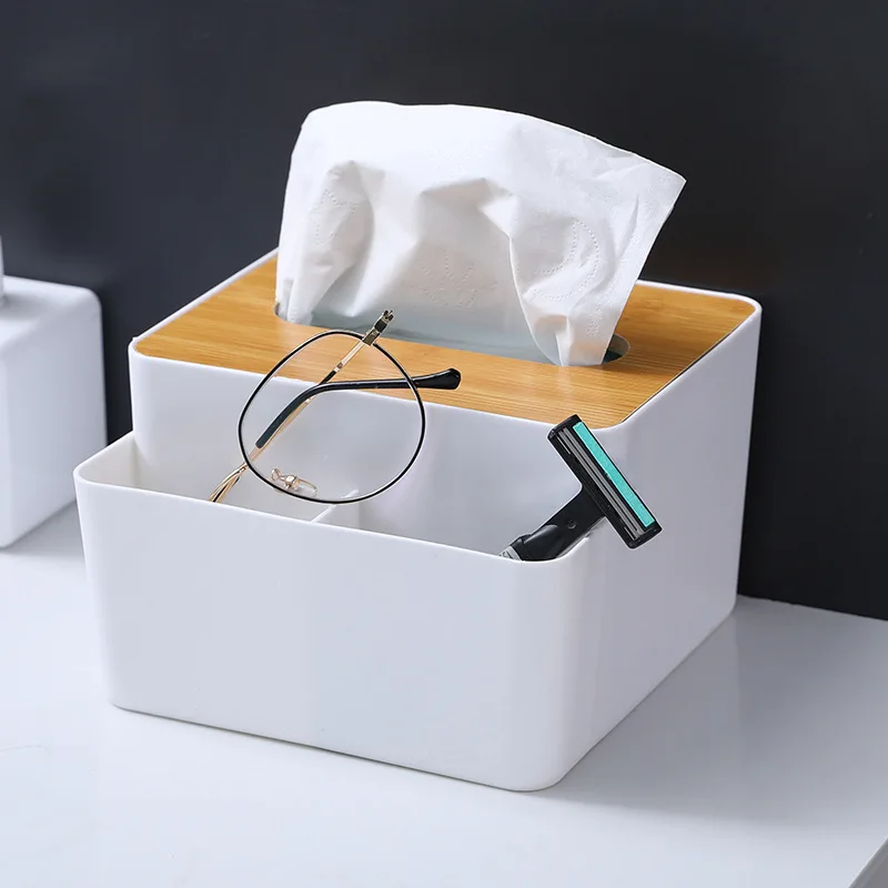Plastic Tissue Box Wooden Lid Square Napkin Holder Container Wet Tissue Paper Dispenser Case Modern Home Car Organizer - Image 2