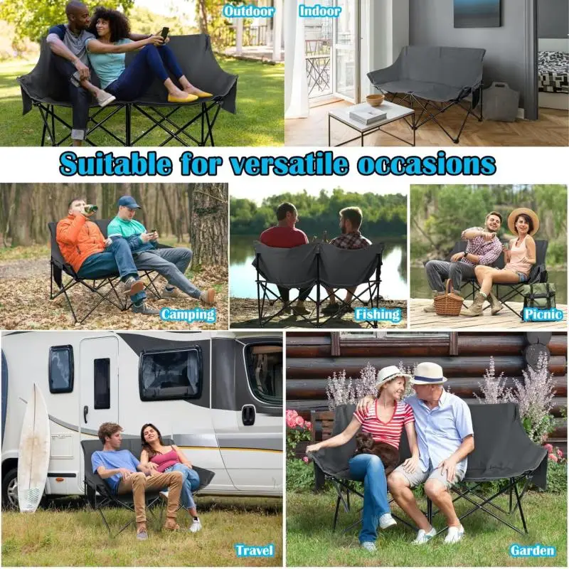 Folding Camping Chair Portable Double Seat For Adults Heavy Duty Outdoor Loveseat Durable Foldable For Camping Patio Beach - Image 3