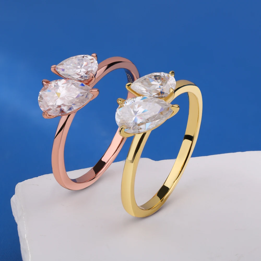 Anel de diamante moissanite com corte de pêra duplo 1.5cttw para mulheres duas pedras Toi Et Moi alianças de casamento 925 prata 18k joias banhadas a ouro - Image 2