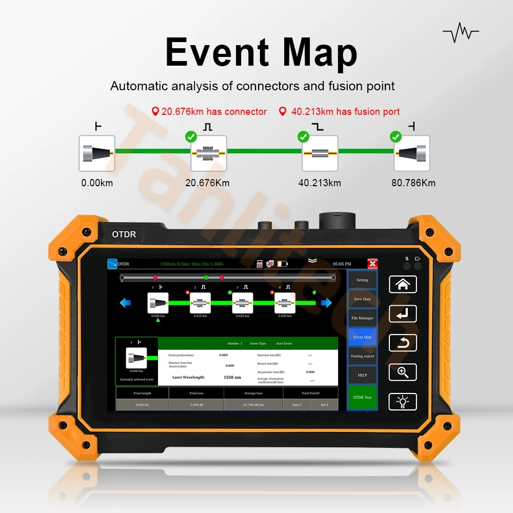 Detector de falhas de fibra óptica otdr testador medidor de potência para opm vfl ols mapa de eventos ethernet fibra 100km teste rangecable tester - Image 4