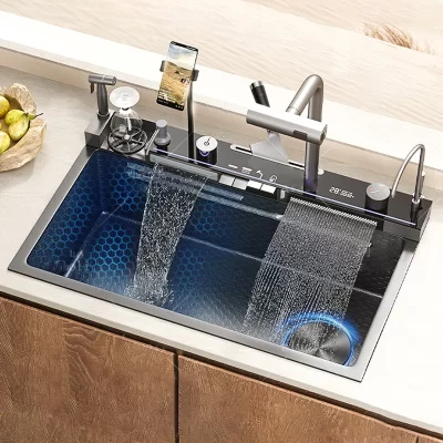 Torneira inteligente de slot único com suporte para celular, pia de cozinha cascata, torneira dobrável, gravação em favo de mel, aço inoxidável