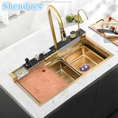 Luxo escovado ouro pias de cozinha grande aço inoxidável único slot integrado pia da cozinha digital cachoeira torneiras cozinha