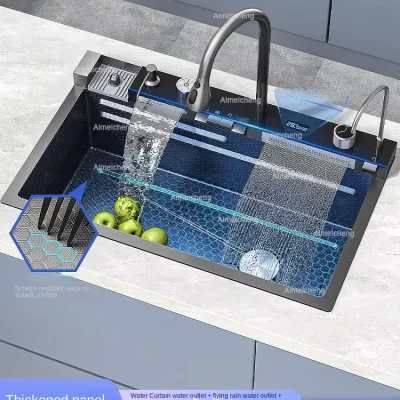 2025 integrado cachoeira pia da cozinha tecnologia favo de mel grande display digital dispensador sabão aço inoxidável copo lavadora