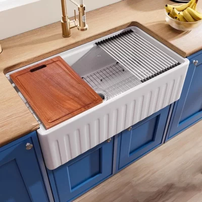 Pia de cerâmica de cozinha americana, bacia de vegetais retrô semi-embutida, grande slot único, bacia integrada ultra-profundida