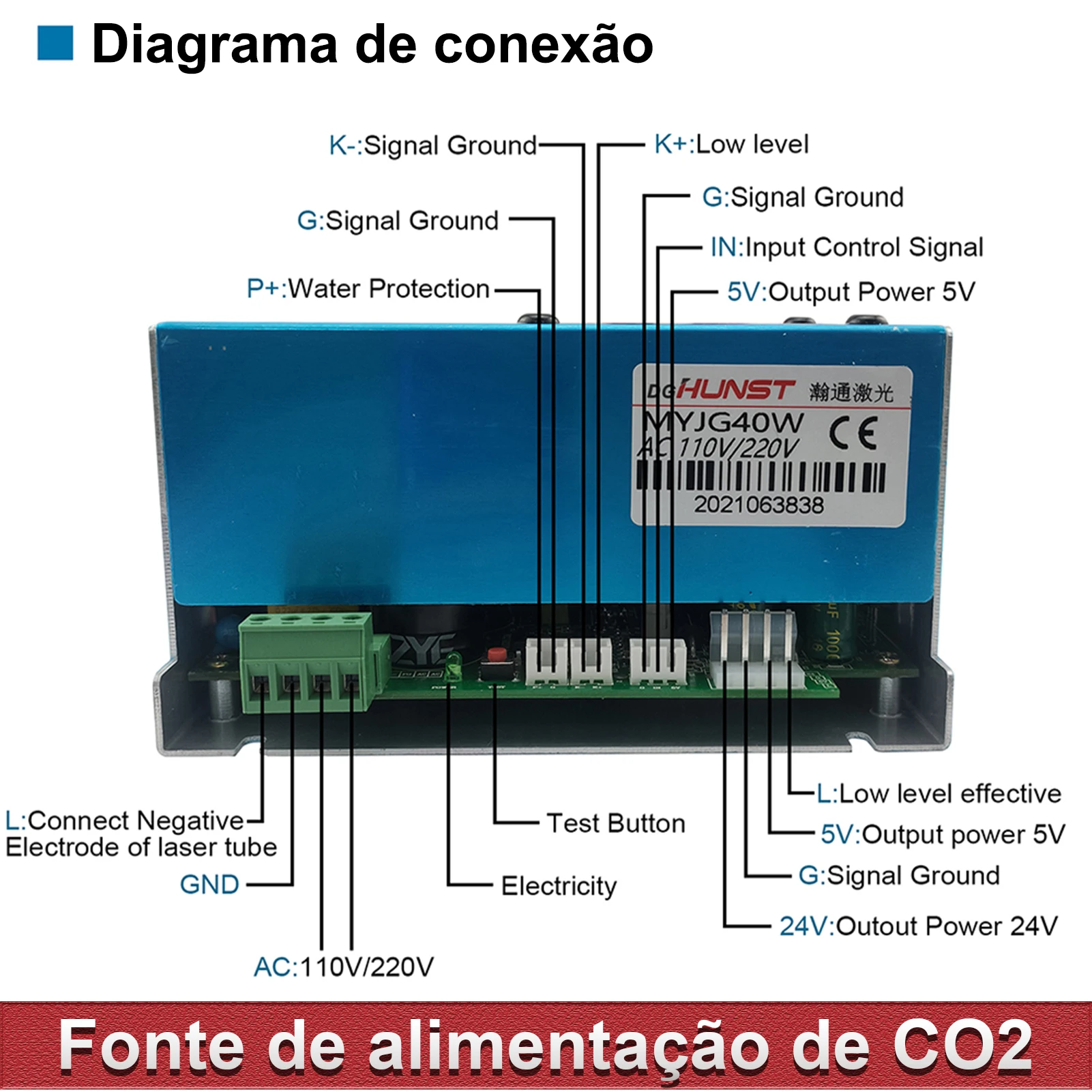 Hunst 40W CO2 Laser Power Supply 110V/220V for 30W 40W 50W K40 Engraving Cutting Machine MYJG-40W Laser Generato - Image 3