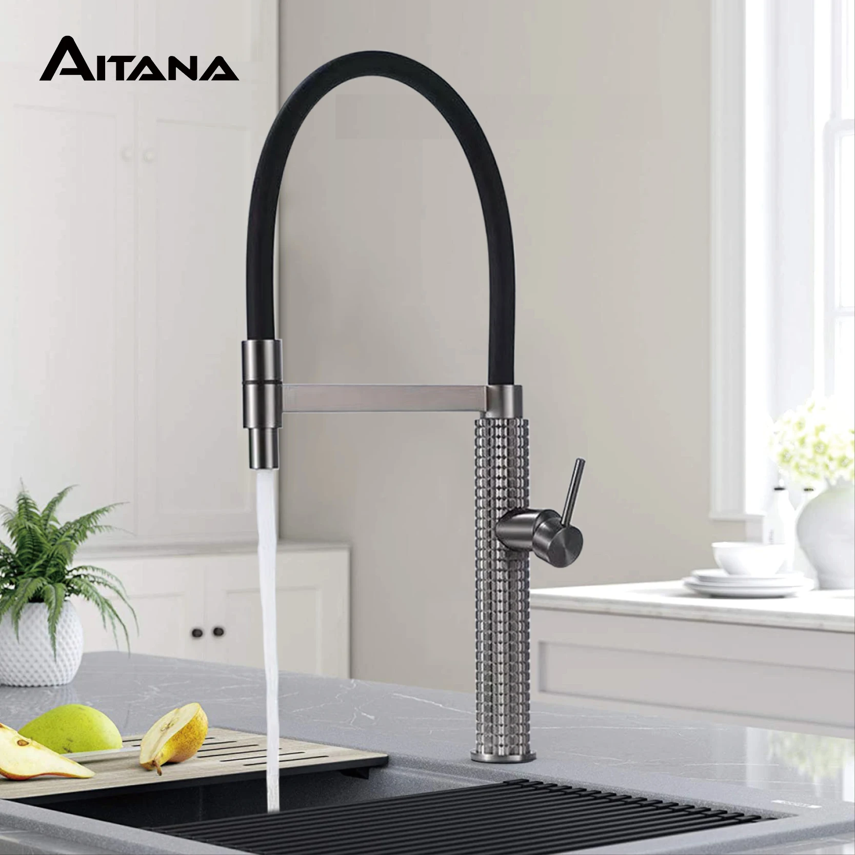 AITANA-torneira de cozinha de latão de luxo, alça única, fria e quente, controle duplo, design moderno, pia preta simples - Image 6