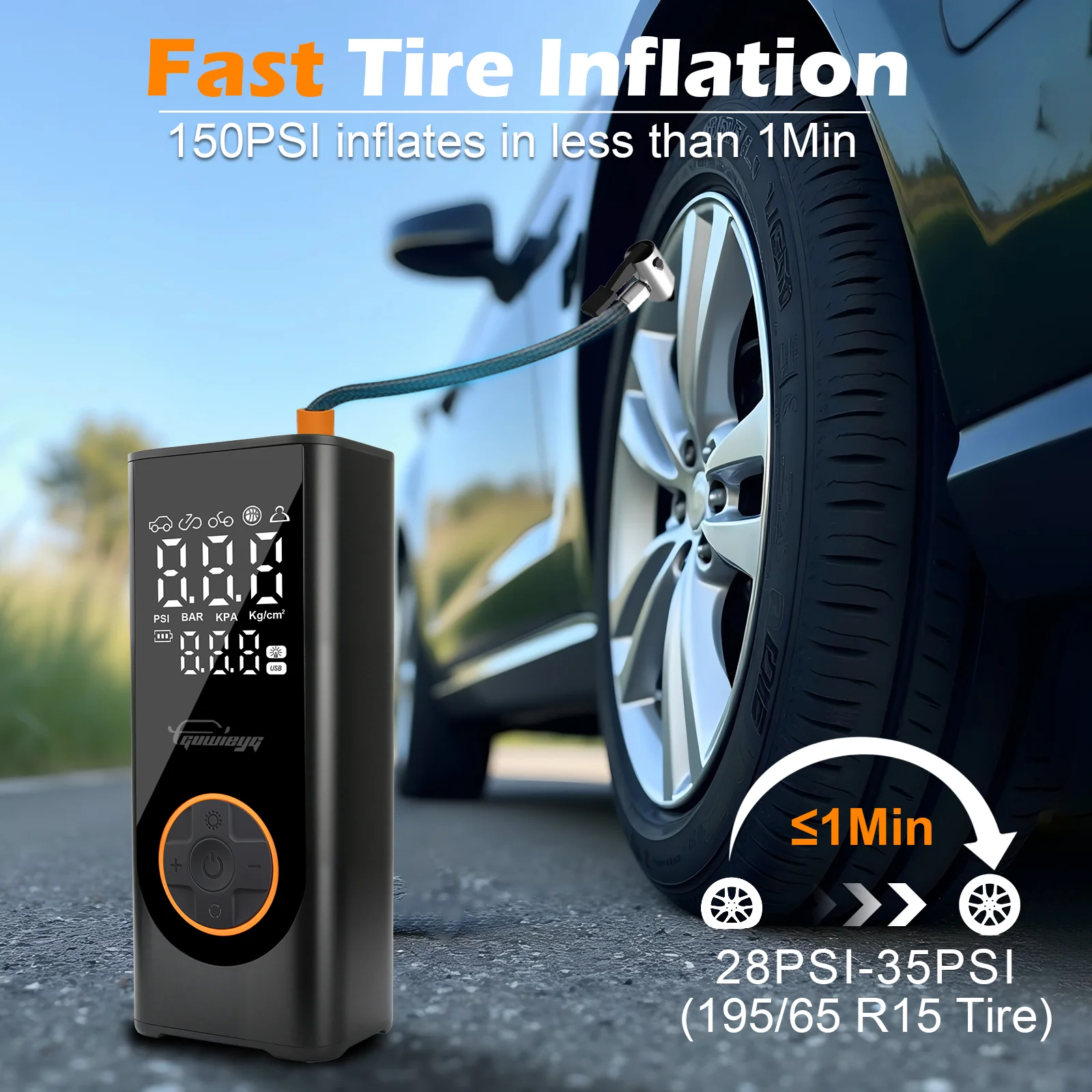 GUWIEYG 150 PSI Air Pump Cordless Tire Inflator Portable Air Compressor 150 PSI Air Pump for Car Tires with 6000mAh Battery - Image 3