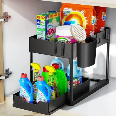 Organizador de 2 camadas para pia, armário deslizante, cesta, rack de armazenamento com ganchos, copo pendurado, organizador de cozinha e banheiro