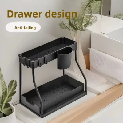 Organizador deslizante sob pia de 2 camadas com ganchos, rack de armazenamento economizador de espaço de grande capacidade para cozinha, banheiro, armário durável