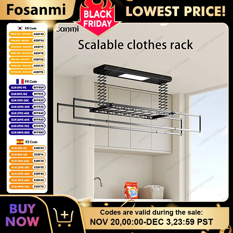 Indoor Balcony Retractable Foldable Electric Lifting Clothes Rack Aluminum Alloy Hanging Intelligent Remote Control Clothes Rack