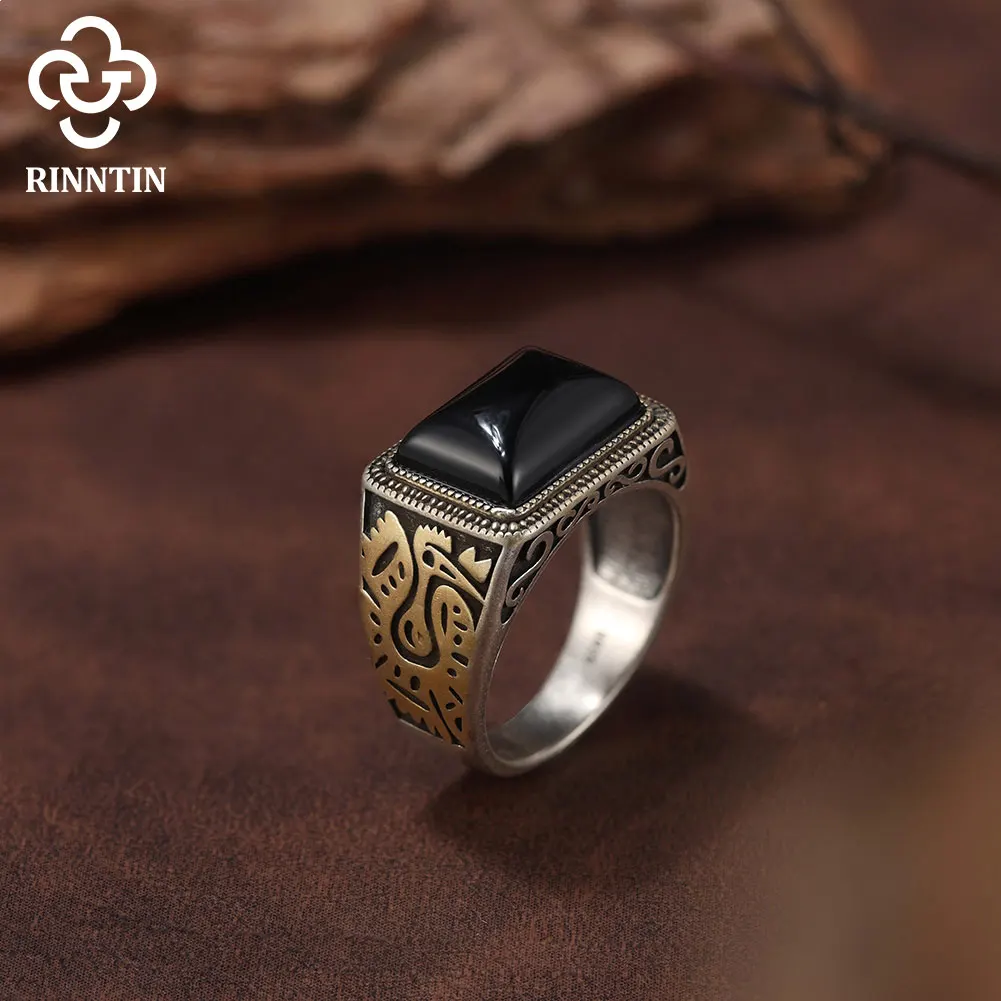 Rinntin moda 925 prata esterlina preto ágata pedra anéis para homens de alta qualidade anel ágata casamento noivado jóias nmr16 - Image 3