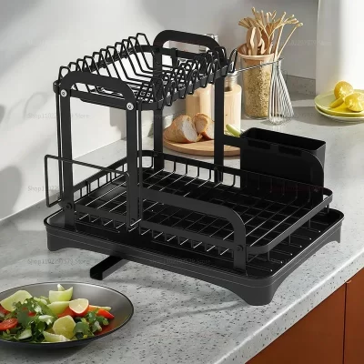 Rack de secagem de pratos de 2 camadas, escorredor de bancada de cozinha preto com placa de drenagem, organizador de armazenamento que economiza espaço