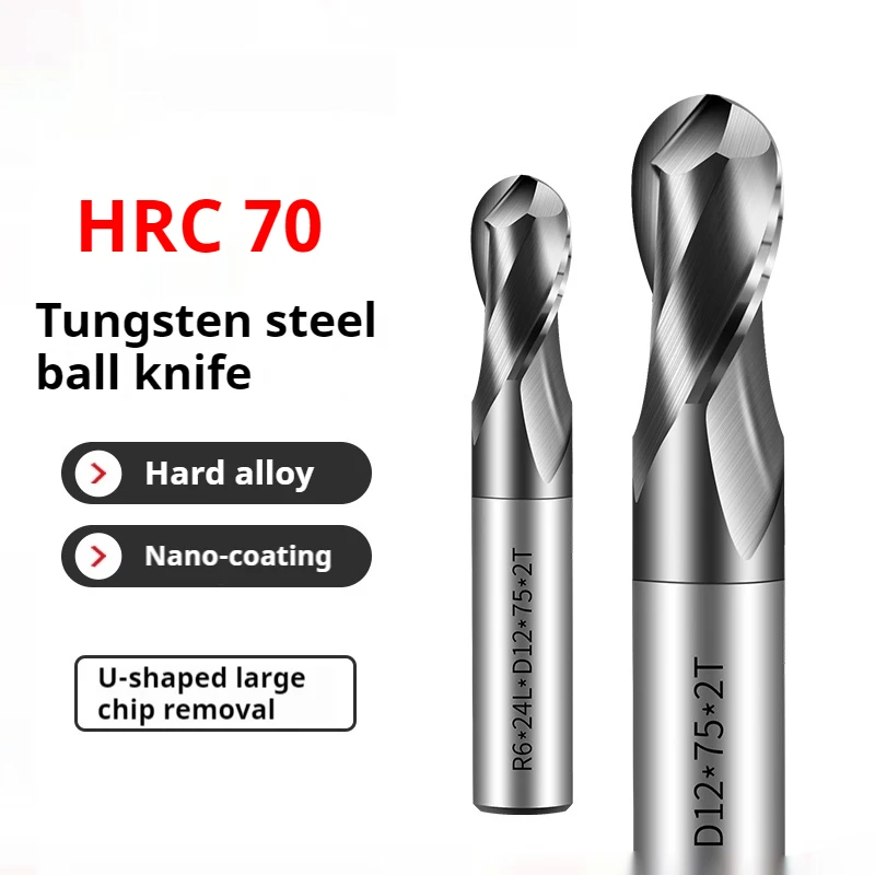 HRC70 Ball Nose End Mill Tungsten Carbide Cutter CNC Router Bit Milling Tool R0.5 2 4 6 810mm 2 Flute Metal Steel Machining Tool