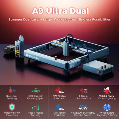 Sculpfun a9 ultra duplo gravador a laser máquina de corte laser duplo com 20/40w laser de diodo 20w laser de fibra infravermelha