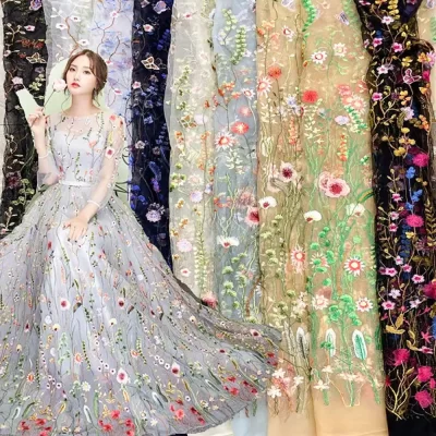 Tecido de renda de planta aquática bordado 3d floral tule malha por jarda para vestido de casamento de alta costura pista traje saia enfeite