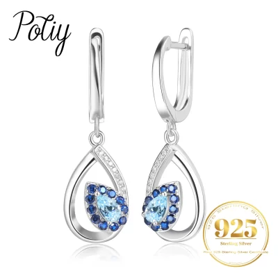 Potiy pêra natural céu azul topázio balançar brincos de prata esterlina 925 para mulheres pedras preciosas finas joias diárias presente